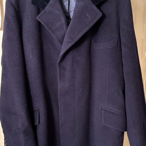 Crombie Mens Wool Overcoat With Velvet Collar Navy Blue - Picture 10 of 10